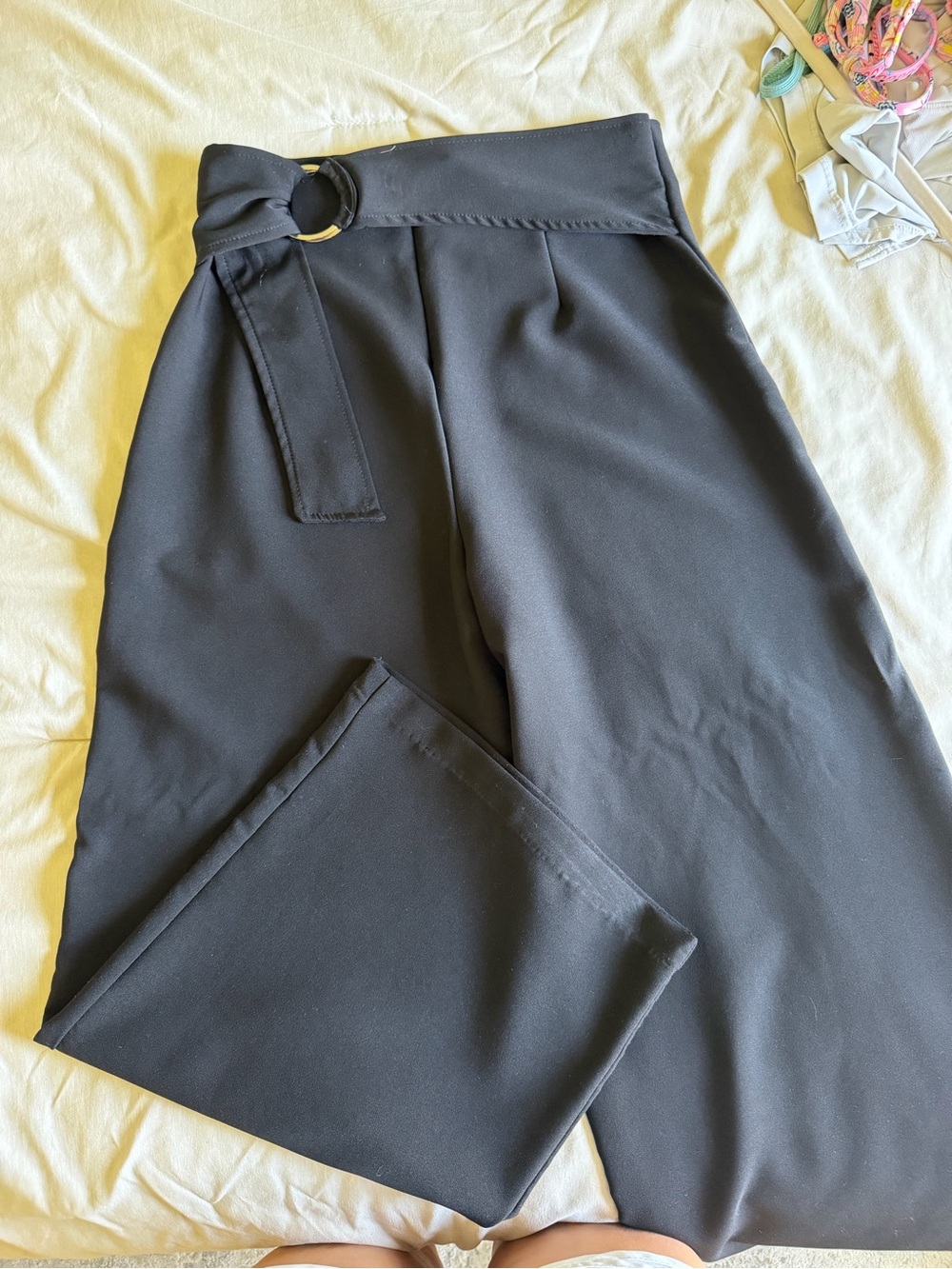 Forever 21 Black High-Waist Wide-Leg Pants with Ring Accent